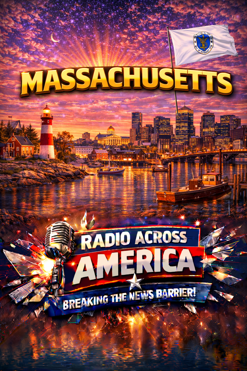 Massachusetts skyline at dusk with glowing radio waves for Radio Across America