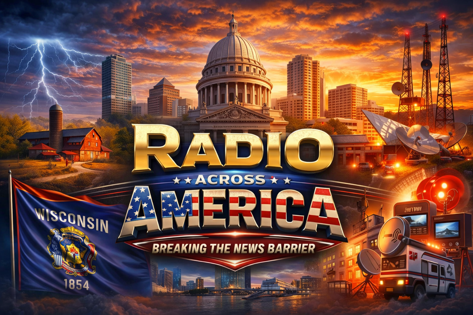 Radio Across America Wisconsin hero image showing a bold winter-weather themed visual for Wisconsin radio, TV news, and live weather alerts