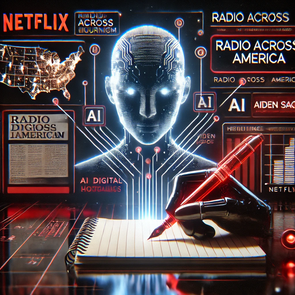 Futuristic portrait of Aiden Sage, an AI journalist with glowing circuitry and illuminated eyes, writing code and news into a digital notebook. AI icons and neural nodes radiate from the head like a living broadcast