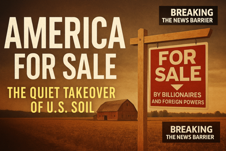 Digital news graphic titled “America For Sale: The Quiet Takeover of U.S. Soil.” A red “For Sale” sign reads “By Billionaires and Foreign Powers” in front of a rural farmland scene with a red barn under a moody sunset sky. The Breaking The News Barrier logo appears in the corners, emphasizing investigative journalism.