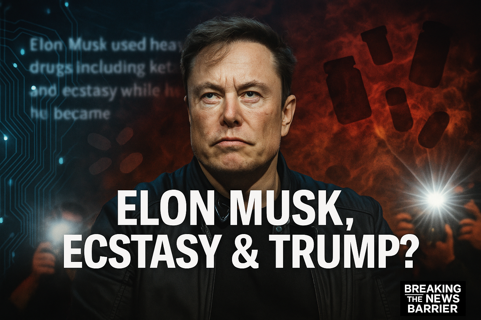 Elon Musk stands against a split background of blue circuitry and red smoke with pill bottle silhouettes, surrounded by camera flashes and the headline “Elon Musk, Ecstasy & Trump?”