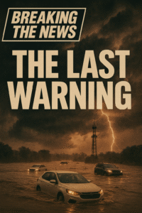 Flooded cars submerged under a dark, apocalyptic sky with lightning striking behind a radio tower; bold text reads “THE LAST WARNING” above the Breaking The News Barrier logo.