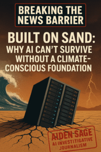 A data center server rack leans precariously on cracked desert ground as a tsunami wave and lightning storm approach, symbolizing AI’s instability without climate resilience.
