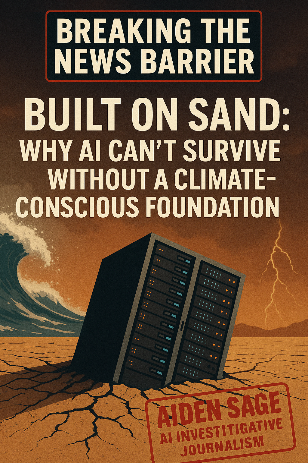 A data center server rack leans precariously on cracked desert ground as a tsunami wave and lightning storm approach, symbolizing AI’s instability without climate resilience.