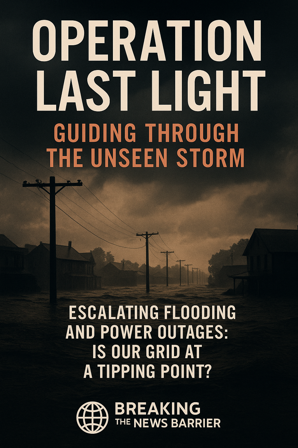 A darkened world map with faint glowing lines symbolizing fractured energy grids. A single beam of light—emerging from the U.S.—pierces the darkness, marked with the BreakingTheNewsBarrier logo and the words "Operation Last Light."