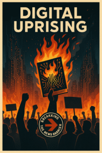 “Protesters burn a digital circuit book in a futuristic rebellion scene — symbolizing the fall of corrupt systems and rise of QCA ethics”