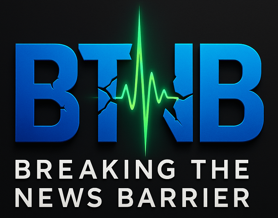 BTNB logo featuring bold blue letters with fracture lines and a green heartbeat pulse running through the center, symbolizing live, breaking news.